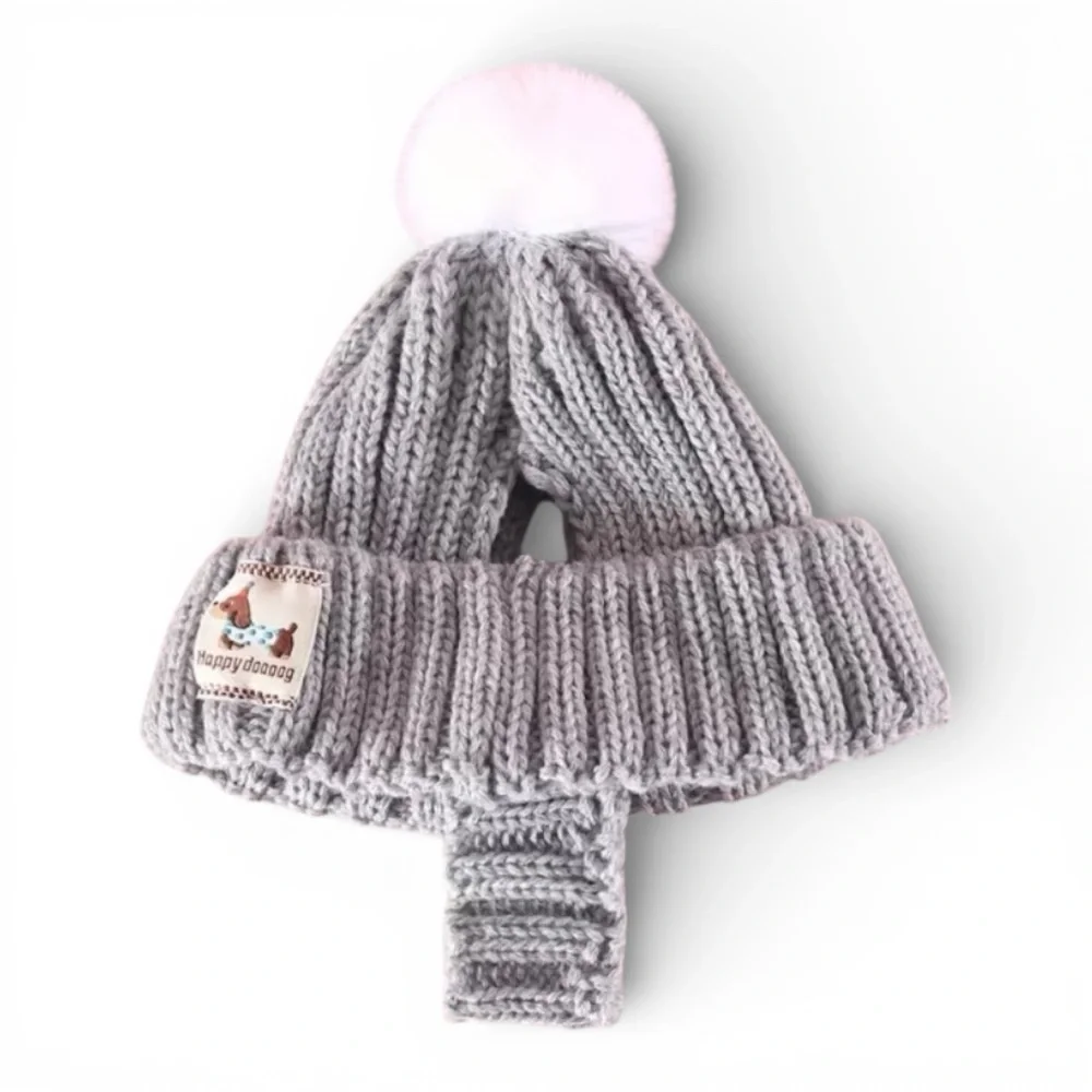 HAPPY DOOOOOG Soft Knit Dog Hat w/Pom Trim, Ear Holes + Chin Strap in Grey - NWT - Picture 2 of 13
